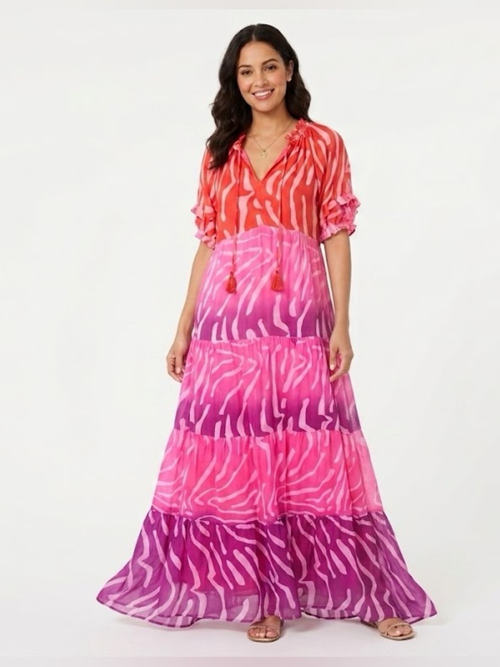 Oliphant M Pink Ombre Zebra Print Tiered Maxi Dress Cotton Silk Blend India Long